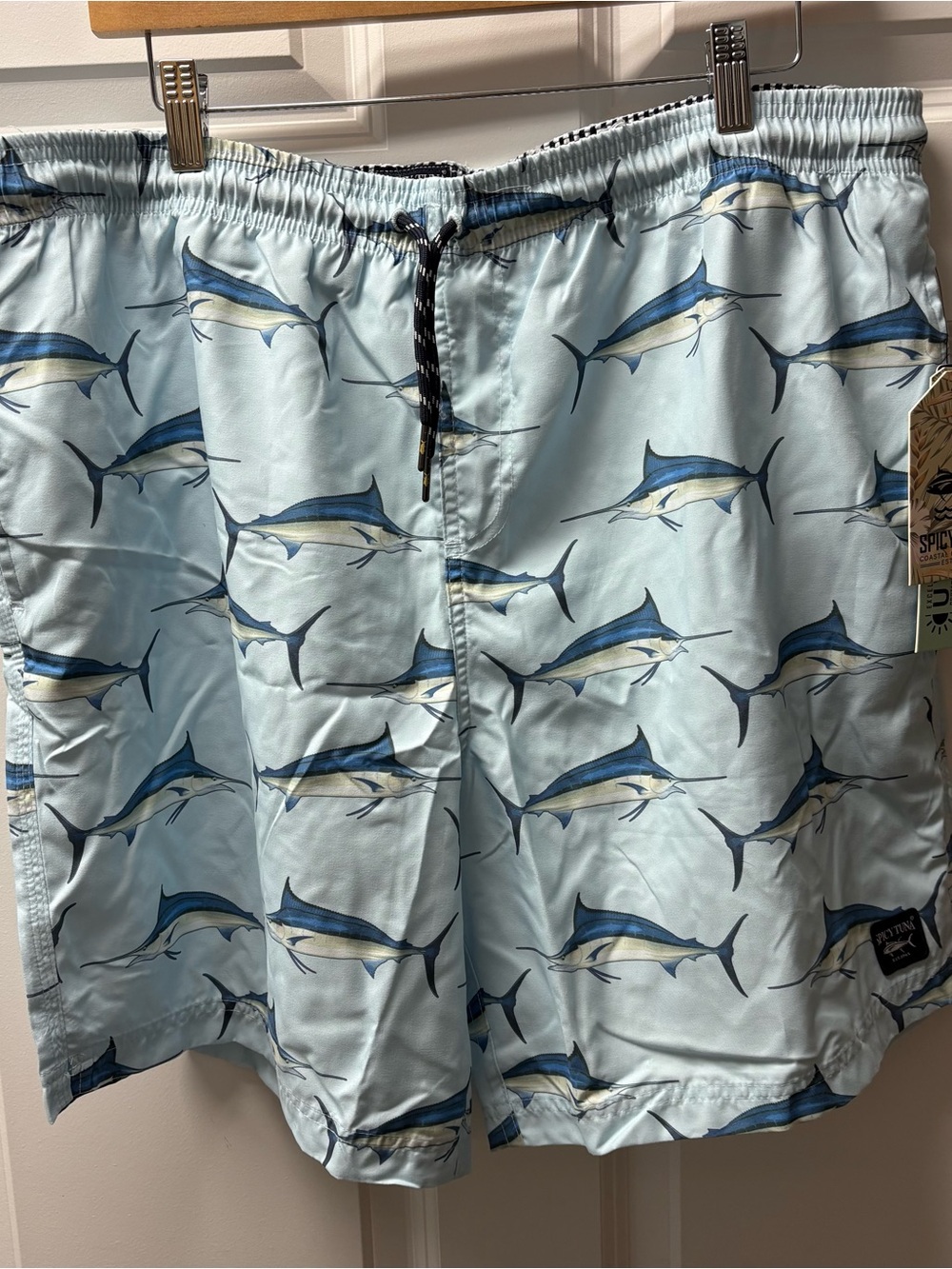 Men's Spicy Tuna Light Blue Marlin Print Swim Trunks